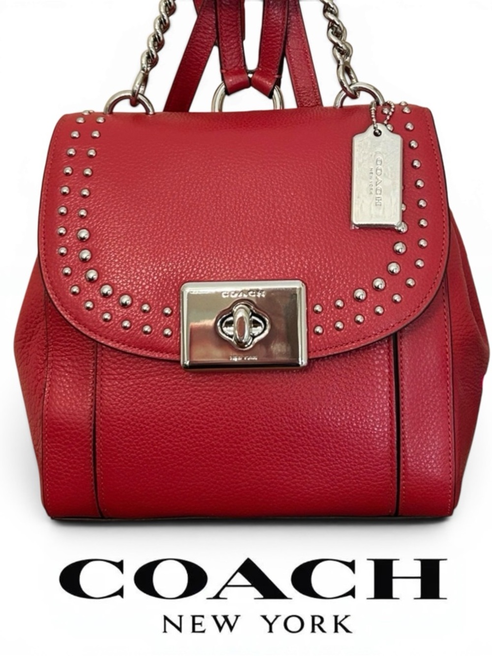 COACH Cassidy Pebble Leather Border Rivets Backpack/Top Handle inBright Cardinal